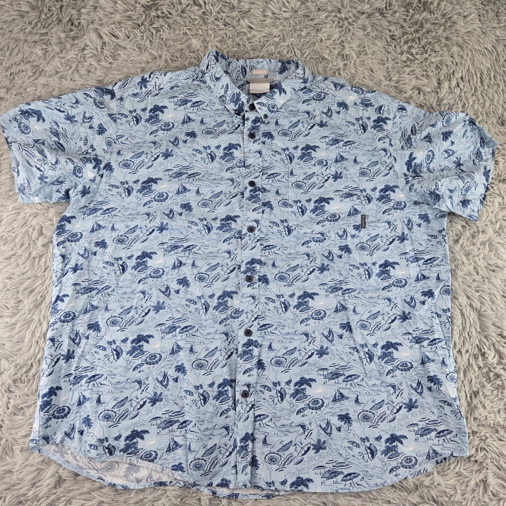 Columbia Men XXL Blue Nautical Beach Print Cotton Short Sleeve Button Down Shirt - Picture 2 of 7